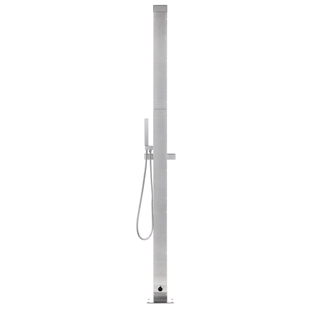 Ducha de jardín con placa base gris de 225 cm, acero inoxidable, ducha exterior con ducha de cabeza, ducha de mano y grifo para lavar los pies, incluye soporte de ducha de mano y estante