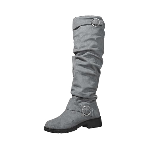 underknees stiefel damen Stiefel Damen Kniehohe Lange Hohe Winterstiefel Warme Spitz Schlupfschuhe Elegante Rutschfest Langschaft Stiefeletten Kurze Absatz Outdoorschuhe Winterstiefel Grau 40