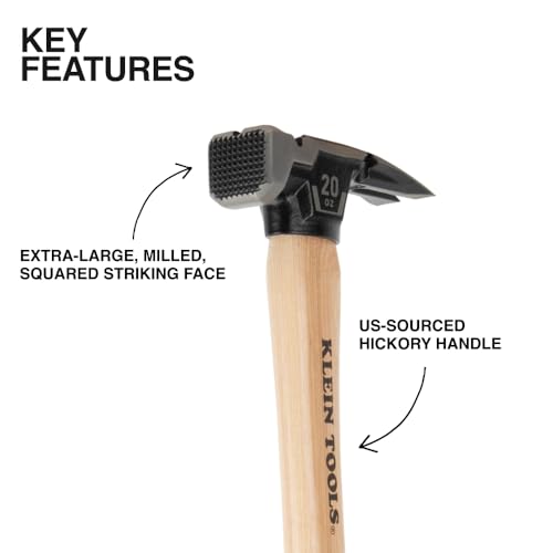 Image of Klein Tools H80920H Milled Face Framing Hammer with Straight Claw, 20-Ounce Forged Steel, Hickory Handle, California Framing Style, Magnetic Nail Starter, and Extra-Large Squared Strike Face