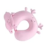 WELLDOER Almohada para el cuello, diseño de ciervo de dibujos animados con máscara de ojos para niños, cómoda almohada de espuma viscoelástica, lavable, almohada de apoyo para el cuello, almohada de