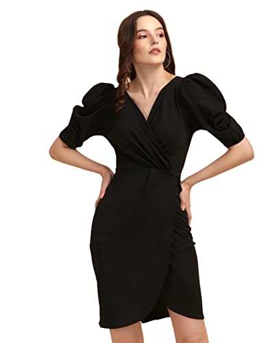 Image of Sheetal Associates Women's Puff Sleeve V-Neck Bodycon Casual Mini Dress