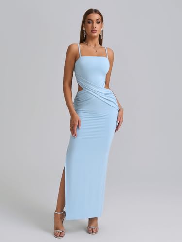 Image of EYNMIN Spaghetti Strap Long Formal Dress Cut Out Ruched Bodycon Split Elegant Wedding Guest Maxi Dresses for Women