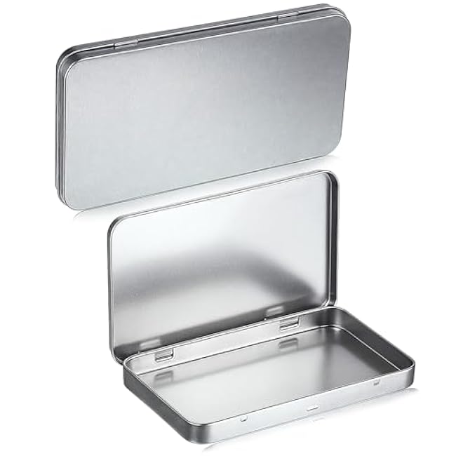 2 Pack Silver Rectangular Tins, Portable Storage Box Containers, Rectangular Metal Tin Boxes, Metal Tin Box with Hinged for Pen Eraser Craft Photos Sticky Notes