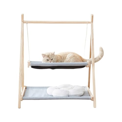 Iuseikeペットベッド 猫用ブランコ 木製ハンモック 1/2層 吊り下げ式 ハンギングバスケット 猫用ベッド ハンモック 天然木 丈夫 組み立て簡単 ペットベッド 二層構造 自立式 休憩 日光浴 ストレス解消 遊び場 ゆりかご 清潔で使いやすい オール