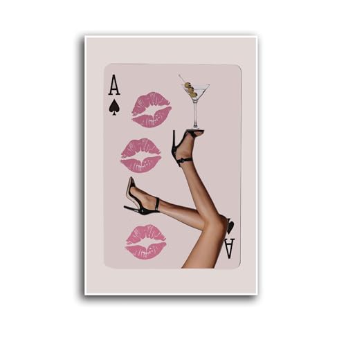 GZJBJITQ Trendy Pink Playing Card Wall Art Print Retro Ace of Spades Poster Black Heels Fashion Poster Bar Cart Newspaper Martini Wall Art Pink Kiss