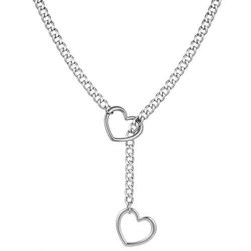 sroyte Heart Slip Chain Necklaces for Women Stainless Steel O-Ring Adjustable Lariat Y-Necklace Punk Cuban Gothic Choker Collar Necklace for women (25 Chunky Silver Heart)