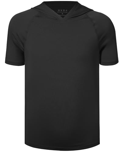 DRONIRING Boys Short Sleeve Hoodie Youth Athletic Workout Quick Dry Pullover Kids Outdoor Baseball Sports Cool Hooded T-shirt Black
