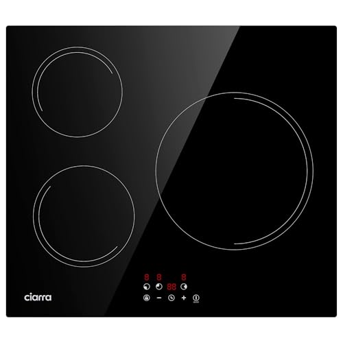 Placa de Vitrocerámica Inducción 3 Fuegos CIARRA CABBIH3-E Inducción 3 Zonas Máximo 6000W con 9 Niveles de Potencia, Control Táctil, Bloqueo de Seguridad Temporizador