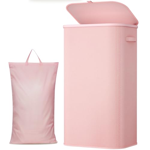 Lifewit 105L Large Laundry Basket with Lid Laundry Hamper with Plastic Handles and Removable Bag Foldable Tall Dirty Clothes Hampers for Laundry for Laundry Room Bedroom Bathroom Dorm Pink