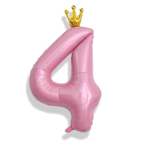 Image of Crown Number Balloons 4 for Kids, Large Pastel Pink Number Balloon 0-9 Set, Foil Self Inflating 40 Inch Balloons for Girls 4th Birthday Party Decor Anniversary New Year Party Decoration Supplies