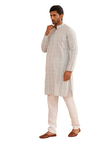 Image of SOJANYA (Since 1958 Men's Cotton Gold Sequence Embroidered Kurta with white Churidaar Pyjama