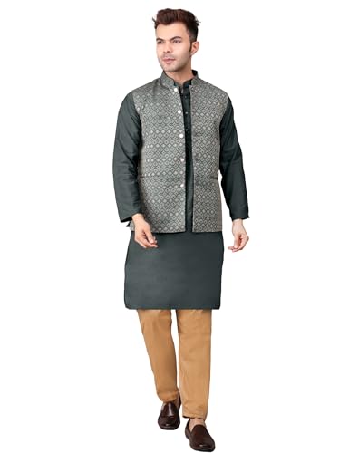 Image of Men's Cotton Silk Blend Regular Kurta Pyjama, Embroidered Nehru Jacket /Waistcoat Set
