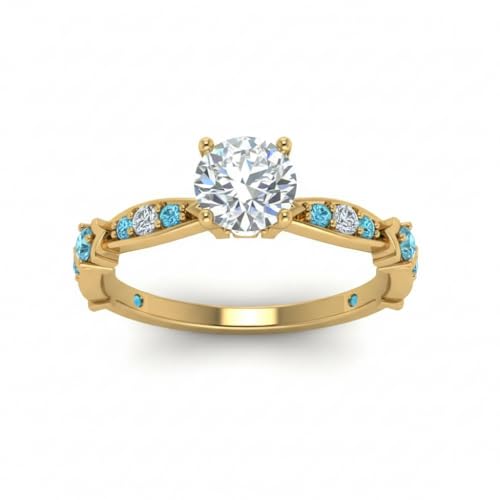 Image of Choose Your Gemstone Petite Pave Diamond CZ Engagement Ring Yellow Gold Plated Round Shape Petite Engagement Rings Minimal Modern Design Birthday Gift Wedding Gift US Size 4 to 12