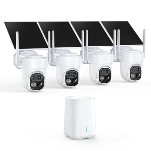 PIOJER Solar Security Cameras Wireless Outdoor 4-Pack with NVR, Dual-Lens 4K (2K+2K) PTZ Camera System, AI Human & Vehicle Detection, Color Night Vision, WiFi Remote Viewing, No Monthly Fee (CWS01)