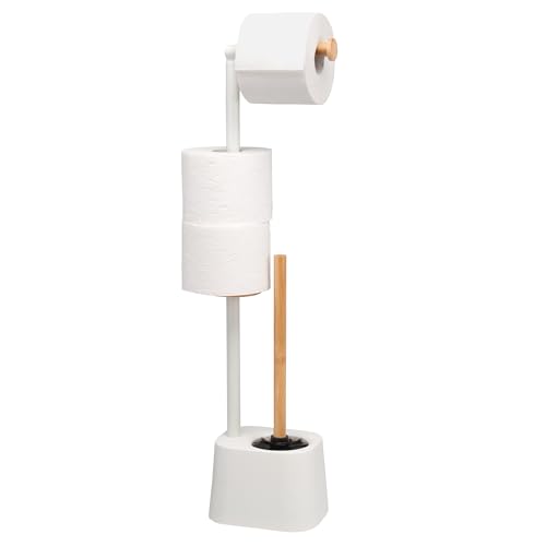 bremermann - Escobillero 3 en 1 con soporte para rollos de papel higiénico, escobilla y soporte para rollos de papel higiénico de bambú, blanco