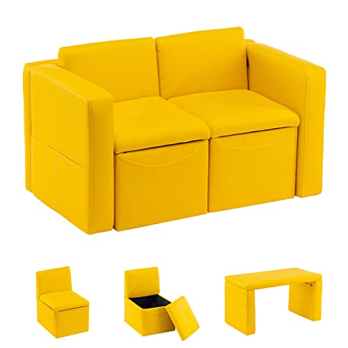 Image of UNICOO –Kids Sofa, 2-in-1 Double Set Sofa Convert to Table & 2 Chairs, Toddler Lounge with Leather Surface, Children Boys Girls Couch Armrest Chair with Storage Box (ZKL-111K-Yellow)