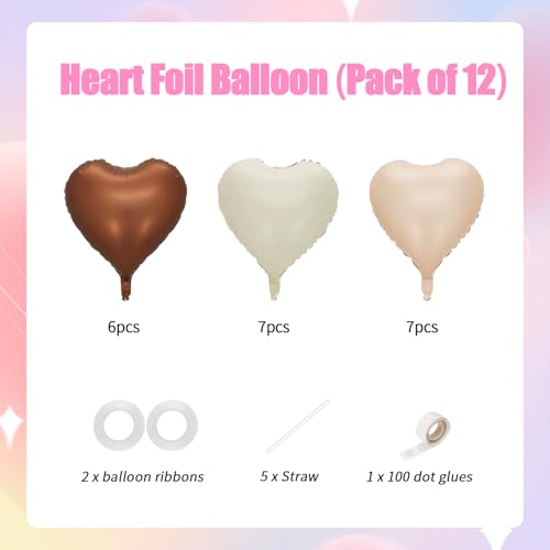 Image of 20pcs Brown Nude Cream Heart Balloons, 18 Inch Coffee Beige Foil Neutral Heart Shape Love Balloons for BOHO Birthday Baby Shower Wedding Valentines Day Party Decoration