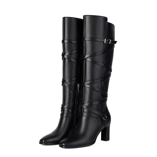 Women's Knee High Boots Wide Calf Boots Pointed Toe Chunky Heeled Boots with Side Zip Leather Wraparound Buckle Fall winter Tall Boots For Women2