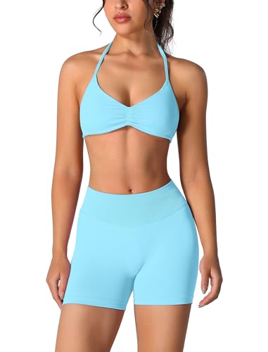 Image of ABOCIW Womens Seamless Workout Sets 2 Piece Strappy Halter Sports Bra Scrunch Butt Shorts Gym Yoga Outfits