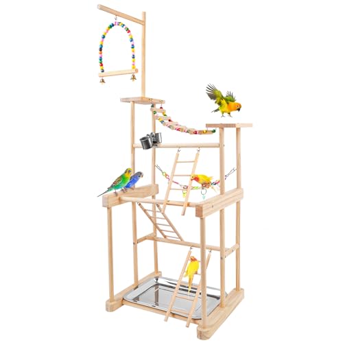 Chuiendi Bird Playground 4 Layer, Parrot Playground Bird Play Stand for Parakeet Conure Cockatiel Lovebird Budgie, Parrot Playstand with Feeder Cups, Ladder, Chain Toy, Swing and Detachable Tray
