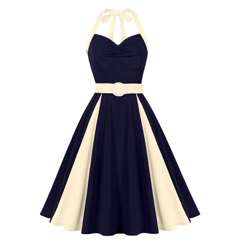 Rockabilly Kleider Damen: Elegant Cocktailkleid A-Linie 50er Jahre Outfit mit Gürtel - Vintage Festival Outfits für Halloween Cosplay Karneval Party blau XX-Large