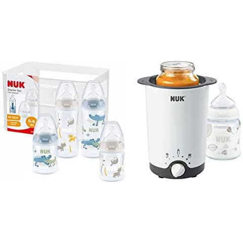 NUK First Choice+ Babyflaschen Starter Set | 0-6 Monate | 4 Flaschen mit Temperature Control & Flaschenbox | BPA-frei | 5-teilig | blaues Krokodil & Thermo 3 in 1 Flaschenwärmer, 1 Stück Cover