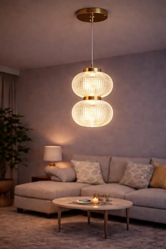 Image of TRIPPING Modern Double Globe Crystal Pendant Light with Golden Finish - Premium Decorative Hanging Ceiling Lamp for Living Room, Dining Area, Hotel Corridor, Temple & Showroom