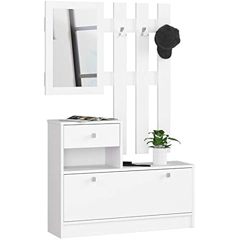 ADGO Wooden Furniture Set for Hallway 90 x 70/100 x 25 cm Shoe Cabinet Hanger Drawer Mirror Dressing Room 4 Colours (White) Cover