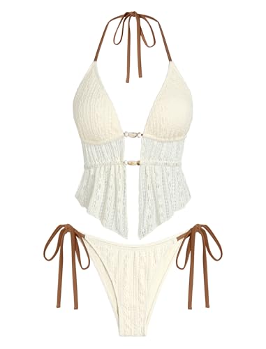 Image of ZAFUL Halter Swimsuits for Women Textured Backless 2 Piece Bathing Suits Cheeky High Cut String Tie Side Bikini Sets