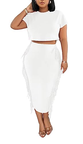 Image of YUEWOO 2 Piece Outfits for Women Sexy Crop Top Ruched Bodycon Maxi Dresses Fringe Skirt Sets Night Club Jumpsuits