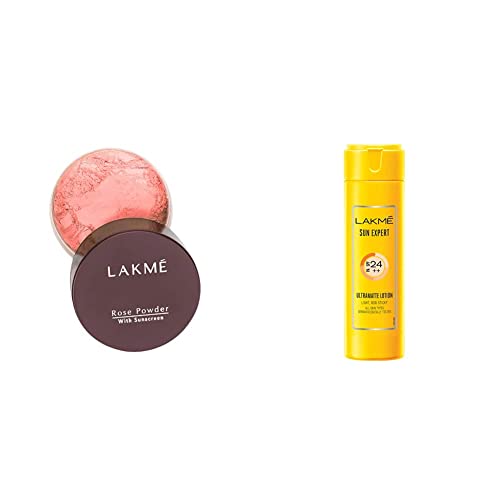 Image of LAKME Rose Face Powder, Matte For Oily Skin, Warm Pink, 40g & Sun Expert SPF 24 PA Fairness UV Sunscreen Lotion, 60ml