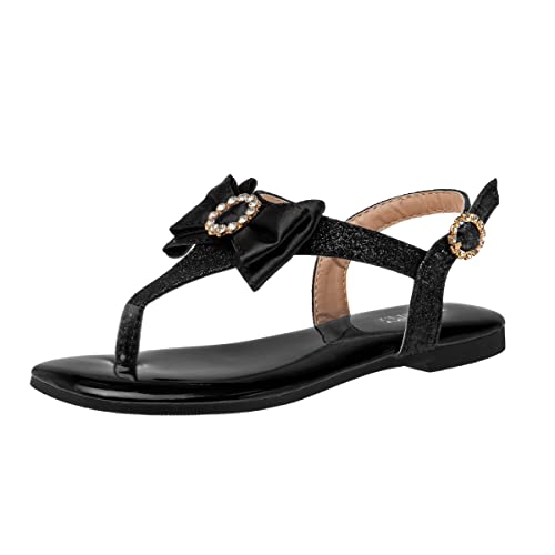 Badgley Mischka Toddler Girls Sandals with Bow - Kid Dress Shoes Slip-On Open Toe Flat Sandal Rhinestone Strappy Glitter (Big Kid/Little Kid) (Black/Silver/RoseGold)