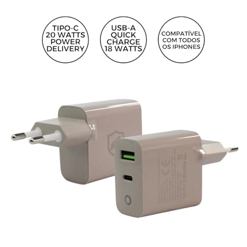 Eco Carregador de Parede Turbo Power Delivery USB + USB C 20W Qualcomm 4.0, Ecológico Fabricado em F