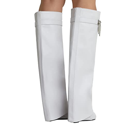 Image of Knee High Boots Womens Wedge High Heels Shark Boots Fold Over Pull-on Pointed Toe Tall Fashion Boots for Women