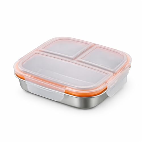 Image of Motka 304 Stainless Steel Lunch Box 600ml with 3 Compartments, Leakproof Bento Tiffin Box with Sealed Lid and 4 Lock Clips for School, Office, Kids, Adults, Travel and Daily Meals-Natural