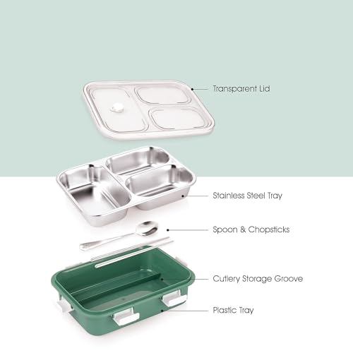 Image of Storescent Lunch Box with Compartment, Leak-Proof BPA Free Stainless Steel for School, Lunch Box for School & Office with a Fork, a Spoon and a Pair of Chopsticks (Green, 3 Compartment)