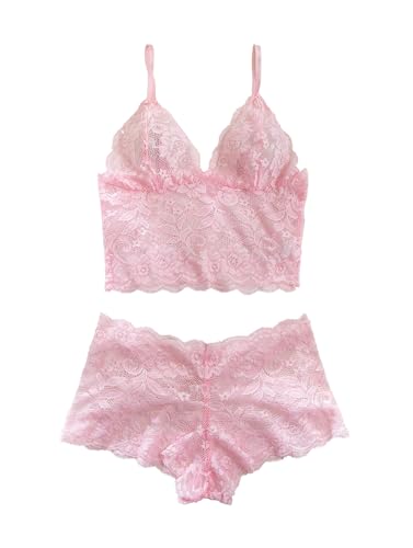 Image of Lilosy Sexy Sheer Floral Lace Pajamas Lingerie Set High Waist Sleepwear Bra and Panty 2 Piece Nightwear