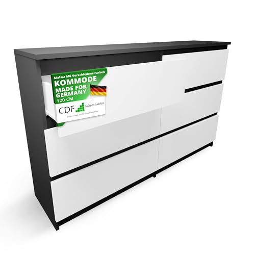 CDF Kommode Anthrazit Weiß mit 6 Schubladen 30 cm Tief Komodenschrank Komode für Wohnzimmer Schlafzimmer Schubladenschrank Malm Kommode viel Stauraum Geeignet Organizer Kleidung 120 cm Breite Modern
