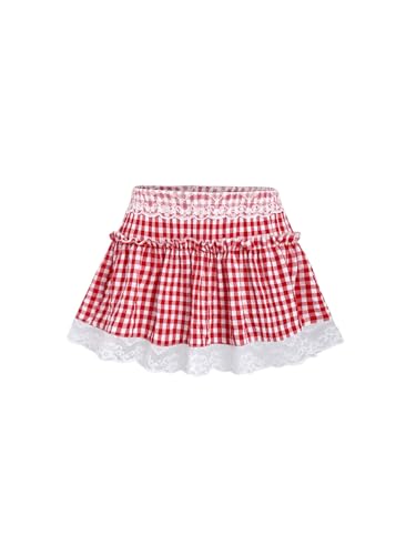 Milumia Women's Gingham Contrast Lace Frill Trim Skirt Flared A Line Mini Skirts