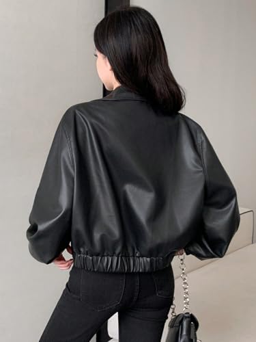 Chic and Cozy: Women's Black PU Leather Fall Winter Jacket with Front Zipper and Pockets, X-Large - Image 2