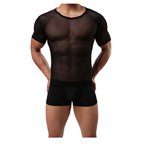 DOTBUY Sexy Transparent T-Shirt Homme, Coupe Slim Col Rond Manche Courte Sculptante Respirant Tulle Haut de Sport (M, Noir)