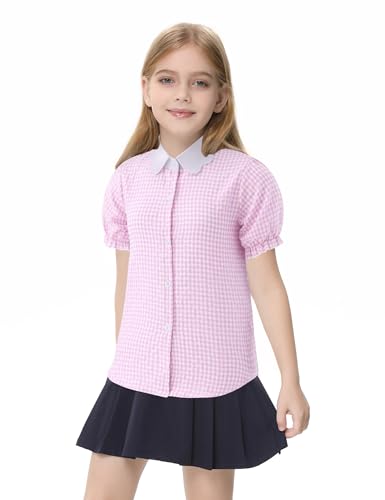 Image of Girls Button Down Shirt Puff Sleeves Blouse Summer Cute Top Doll Collar School Uniform, 4-13Y