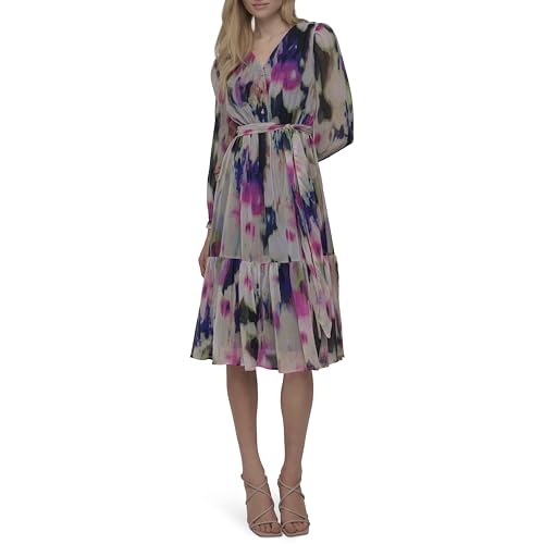 Image of DKNY Women's Long Sleeve V-Neck Tie Waist Midi Dress