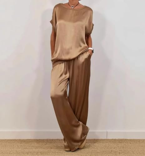 Women's Spring Casual Solid Color Satin 2 Piece Suit, Women's Satin Two Piece Suit, Short-Sleeved Top Wide-Leg Pants 5