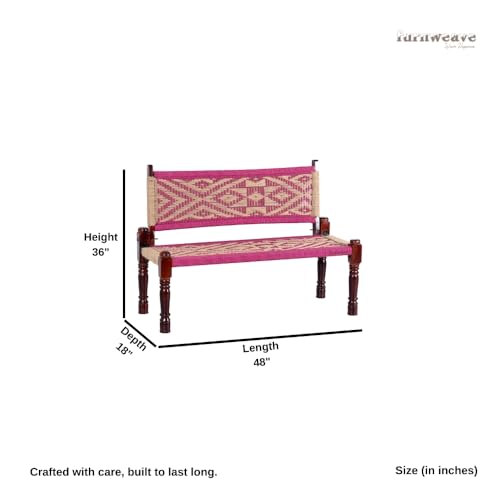 Image of Srima Wooden Bench for Living Room | Handcrafted Sheesham Wood Backrest Bench for Balcony & Garden | Traditional Rajasthani Patio for Outdoor with Cotton Handwoven Rope | Pink & Beige
