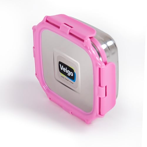 Image of Veigo Original Set Pack of 3 Stainless Steel Airtight & Leakproof Medium Lunch Box with Silicon Ring & Polymer Frame for Re-Heating|Safe Lid Lock|Square (330ML) Pink