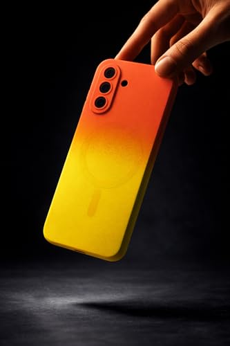 Image of amazon basics Gradient Mag-Safe Case for Samsung Galaxy A17 / M17 / F17 5G | Soft Silicone Shockproof Cover with Camera Protection | Slim Lightweight Design | Smooth Touch & Durable - Orange & Yellow