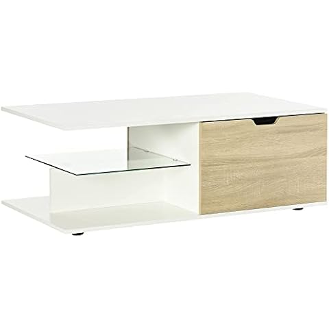 HOMCOM Mesa de Centro Moderna con Estantería de Vidrio Templado y 2 Cajones Cover