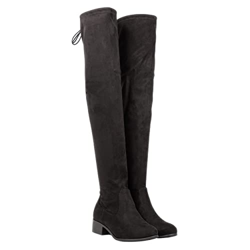 Womens Over The Knee Thigh High Boots Faux Suede Side Zipper Low Block Heel Tie Back Tall Boots - LUPITA4
