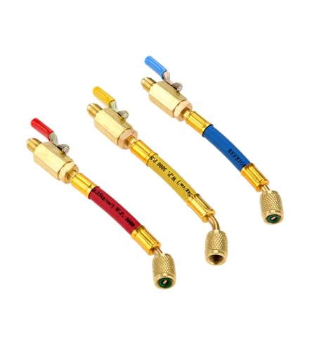 R134A R410A R22 R12 Charging Hoses and Ball Valve Set, 3 Pcs Color Coded Hoses/w Ball Valve 1/4" SAE Thread (7" Long) for AC HVAC Maintenance Kit and Air Condition Refrigeration Charging Tools